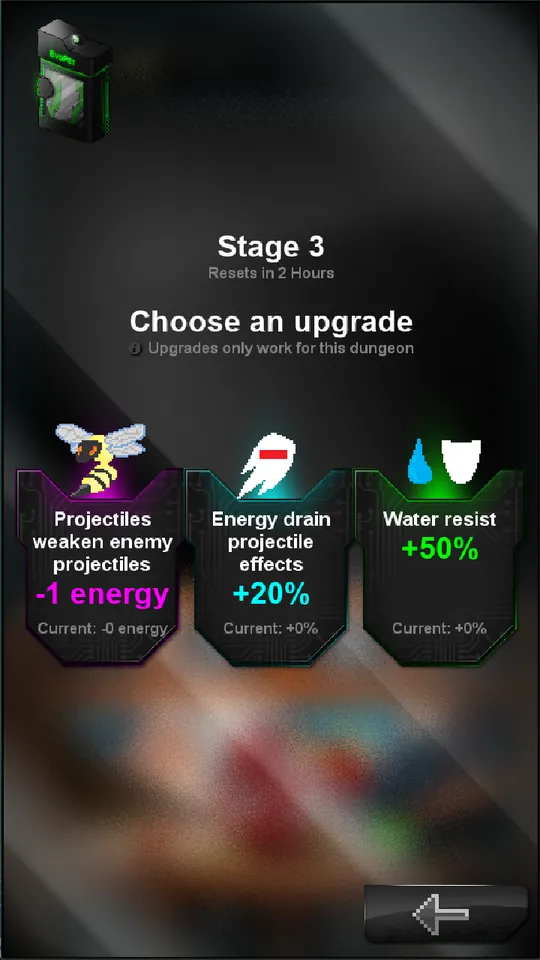 Choosing one of three upgrades between dungeon stages: weaken, energy drain, water resist